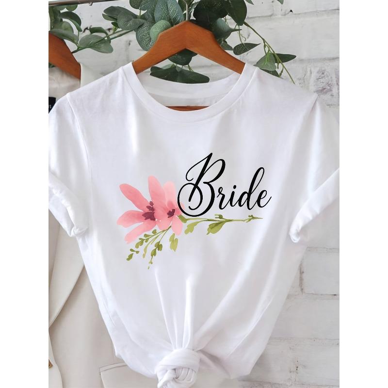 Bride Letter Print T-shirt, Short Sleeve Crew Neck Casual Top for Summer & Spring, Women's Clothing