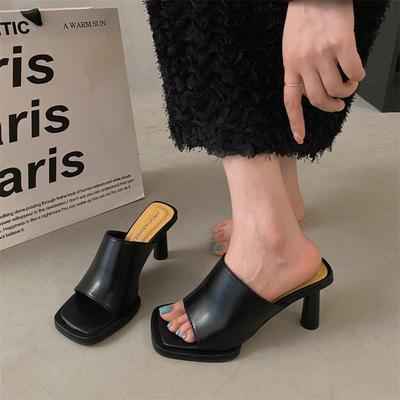 Tête Carrée Blanc Bout Ouvert À Porter Pantoufles Femmes 2025 Nouveau Printemps/été Demi-Traîne Talon Épais Tongs Talons Hauts Mueller