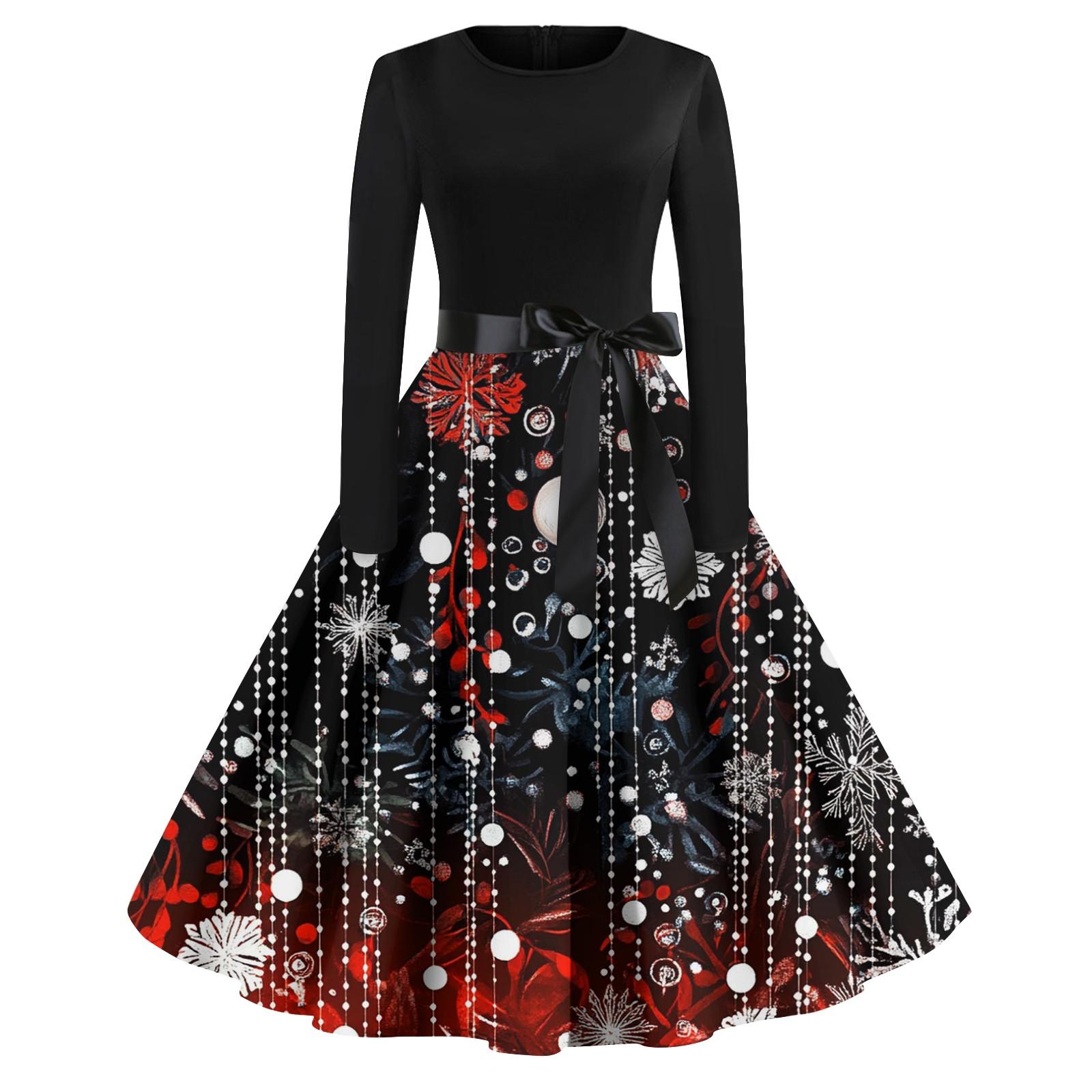 

Женская мода винтаж с длинным рукавом и круглым вырезом с рождественским принтом вечерние платья платья M