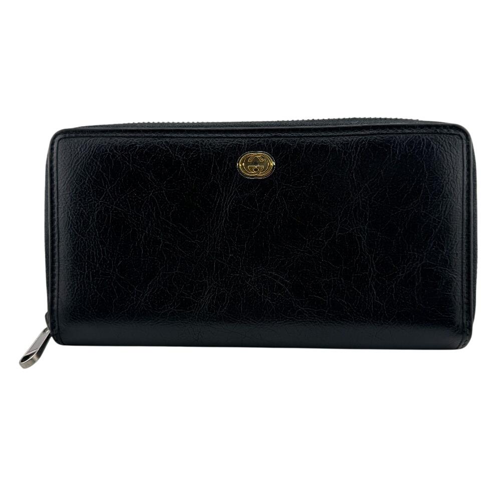 GUCCI 575988 Zip Around Interlocking G leather Purse black leather Used
