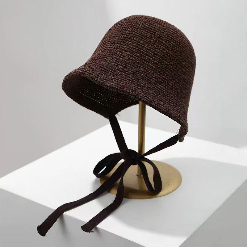 Sun Protection Ribbon Fisherman Hat for Women, New Breathable Knitted Bucket Hat, Summer Sun Hat чёрный