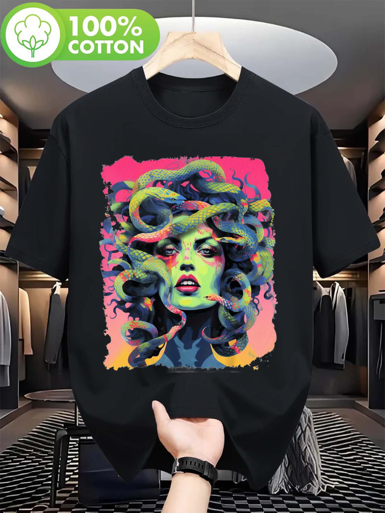 Plus Size Black Medusa Graphic T-shirt - Vibrant Neon Print S