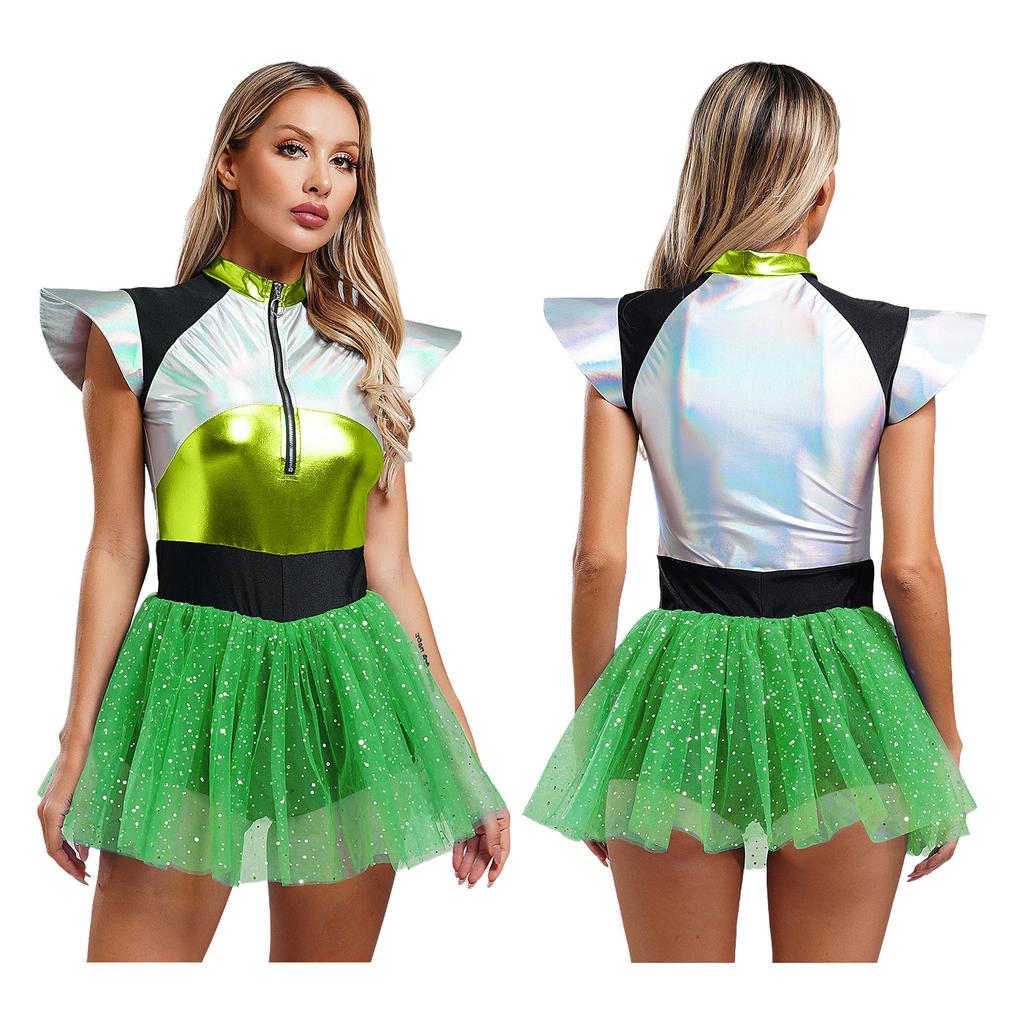 Womens Shiny Metallic Alien Cosplay Costume Fly Sleeve Halloween Party Leotard Tutu Dress