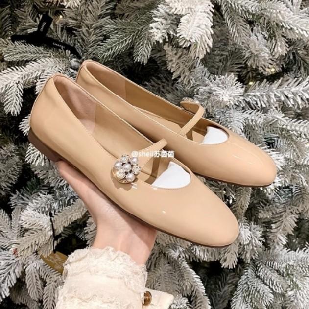 

Cowhide version~ French leather rhinestone one-word buckle soft-soled single shoes women s spring pearl Mary Jane flat shoes ladyshoes 34