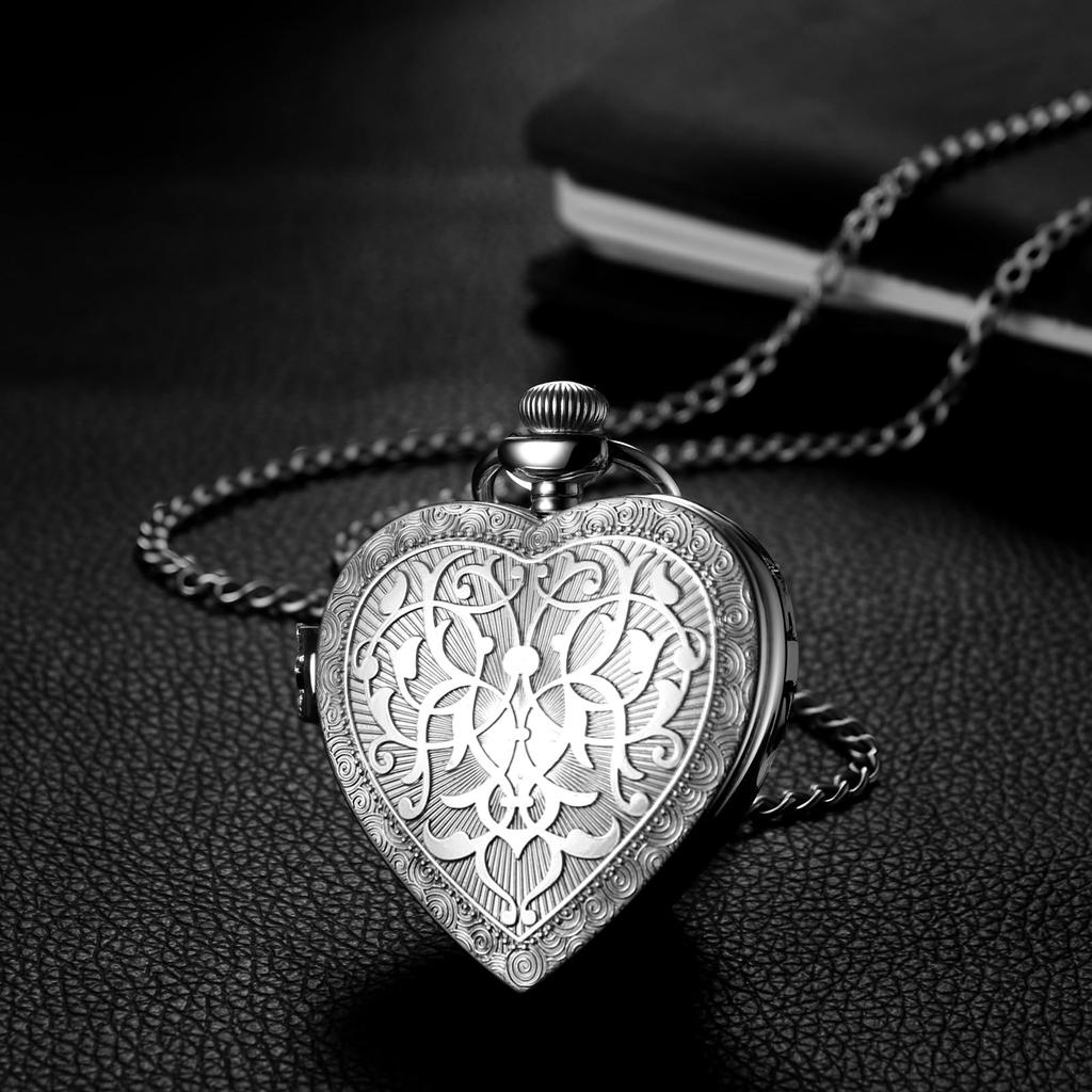 Pocket Watch Heart Roman Analog Display Silver Antique Diamond Pendant Necklace Sweater Chain - Birthday Anniversary Christmas Valentine's Day Gift