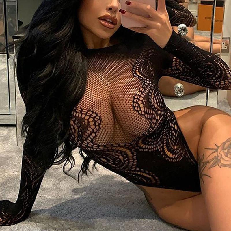 Porno Crotchless Bodysuits For Women  Erotic Costumes Mesh Sheer Teddy Bodysuits High Waist Elastic Long Sleeve Sexy Bodysuit