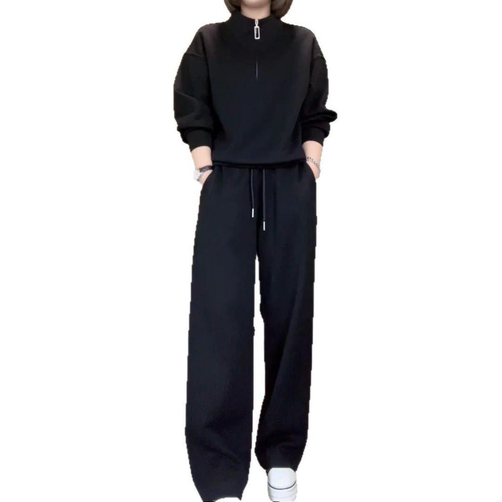 Women's 2025 Spring/Autumn Casual Slimming Sweatshirt Set with Stand-up Collar Design