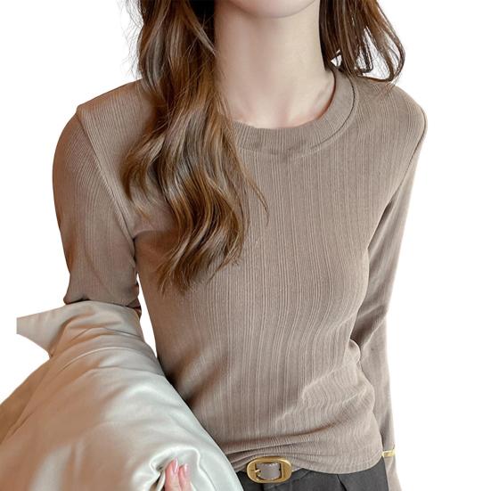 Women Bottom Tops Round Neck Long Sleeve Slim Fit Pullover Tops Solid Color Design Ribbed Texture Tee Shirt