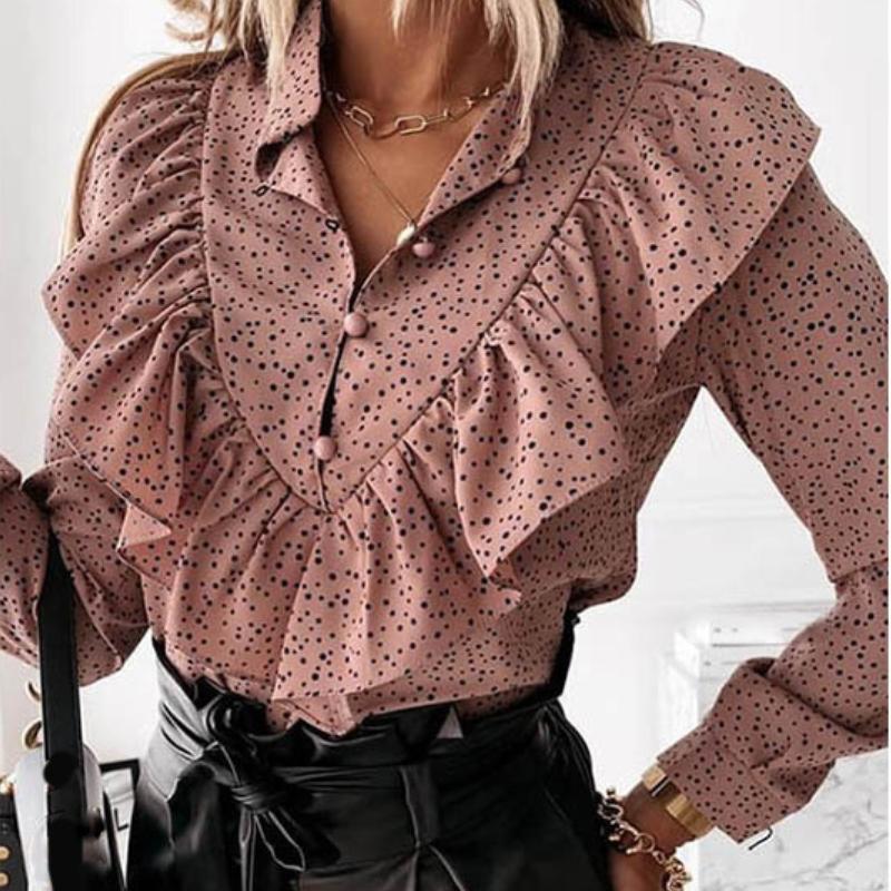 

GMXIA Осенняя рубашка с длинным рукавом, оборками, V-образным вырезом и застежкой на пуговицы для женщин S розовый