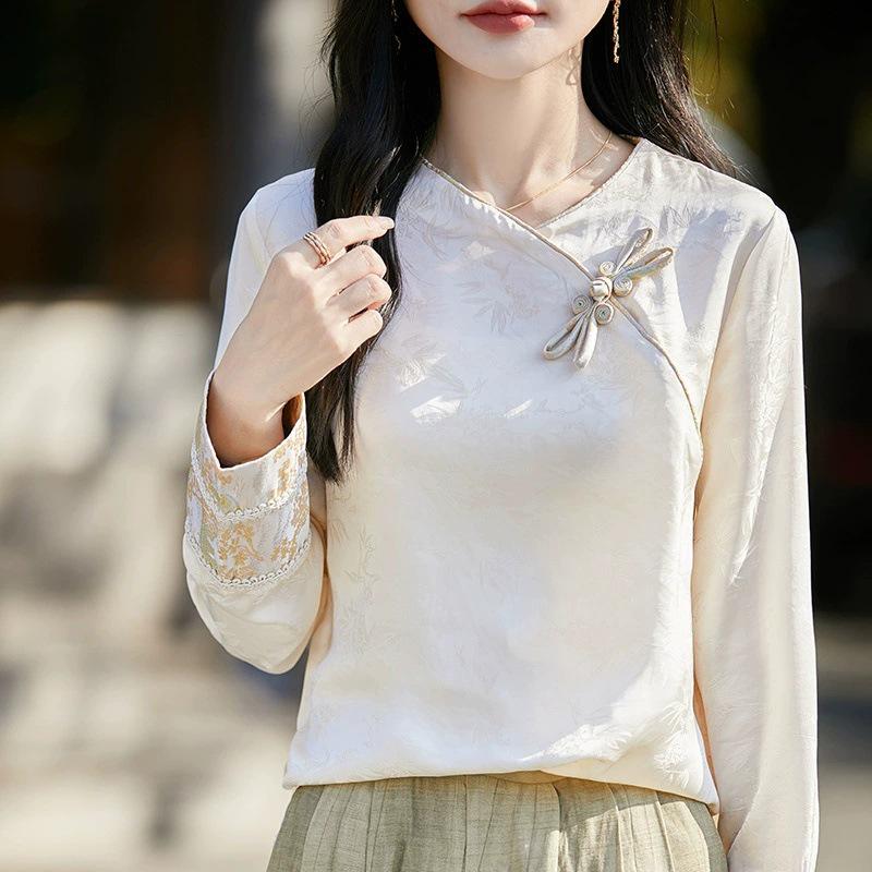 

Women s Spring/Summer Embroidered Frog Button Blouse L чёрный