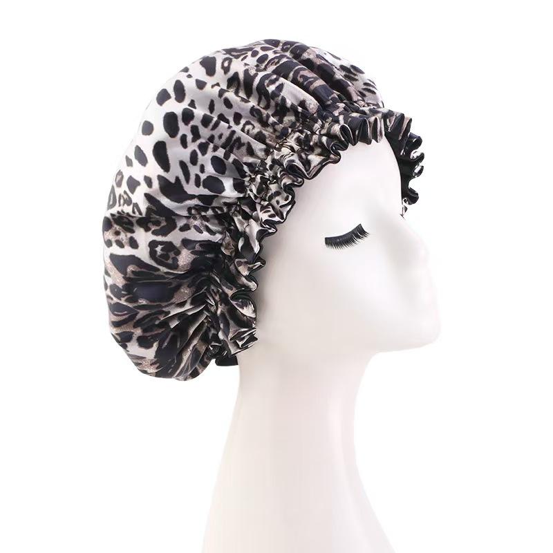 

New Women Leopard Print Satin Nightcap Double Layer Silky Bonnet Adjustable Elastic Band Sleep Cap For Women Long Hair One Size