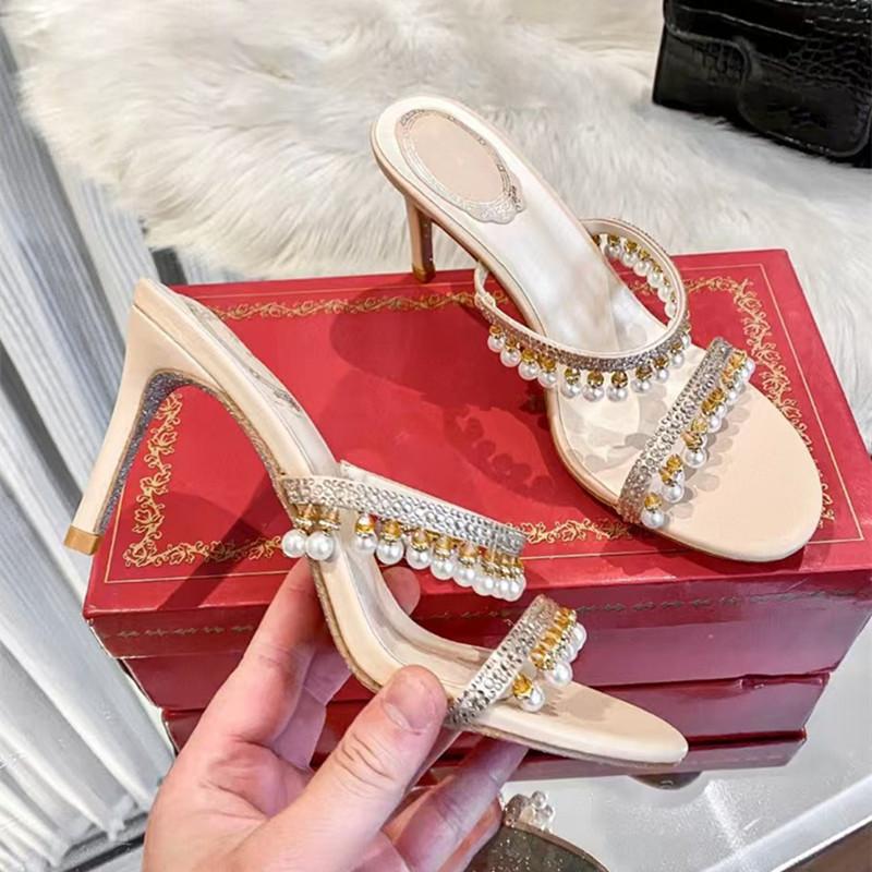 

Fashion Luxury Crystal Pearls Pendant Tassel Women Slippers Sandals Sexy Narrow band Thin High heels Mules Slides Fashion Summer Shoes 35