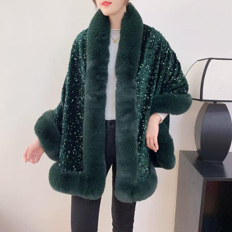 Autumn and Winter Plus Velvet Thickened Big Fur Collar Sequined Shawl Women's Fashion Short Cloak Top