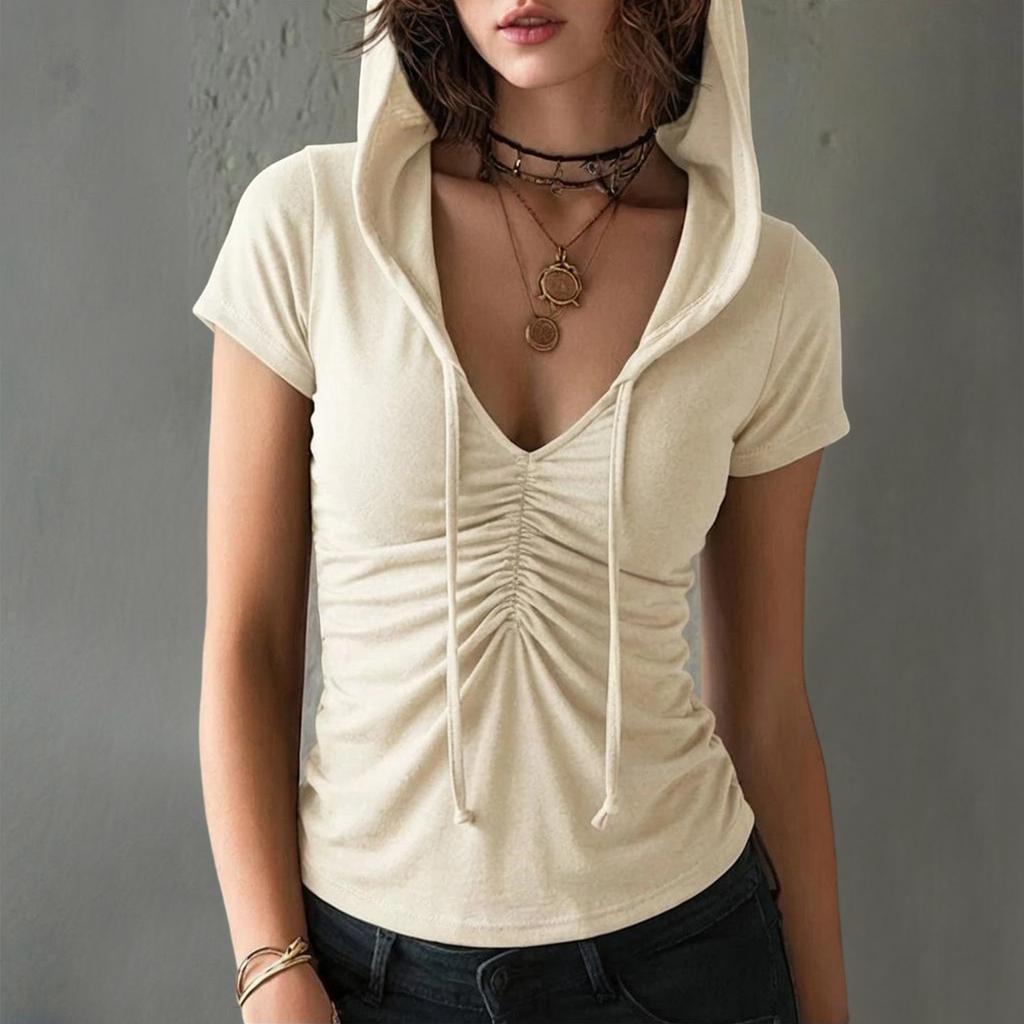 Women Slim Fit V Neck Hoodie Top Short Sleeve Casual Stretchy Ruched Front T Shirt Lightweight Soft Fabric