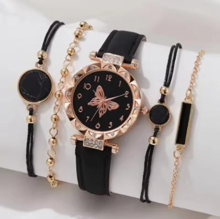 New Women'S Diamond Dial Belt Quartz Watch Beaded Bracelet 6-Piece Set Popular Women