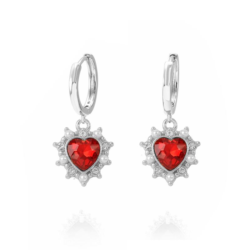 Vintage Red Gemstone Heart Dangle Earrings Gold Plated Baroque Style Pearl Crystal Earrings For Women French Jewelry