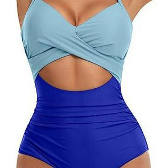 European American Color Block Spliced Cutout One-Piece Swimsuit with Adjustable Cross Tie-Up.