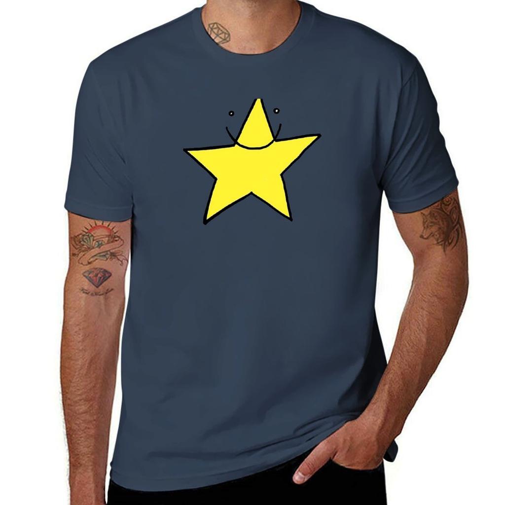 Lucky yellow funny star smiling with eyes open Tshirt summer clothes korean fashion vintage clothes Mens t shirts