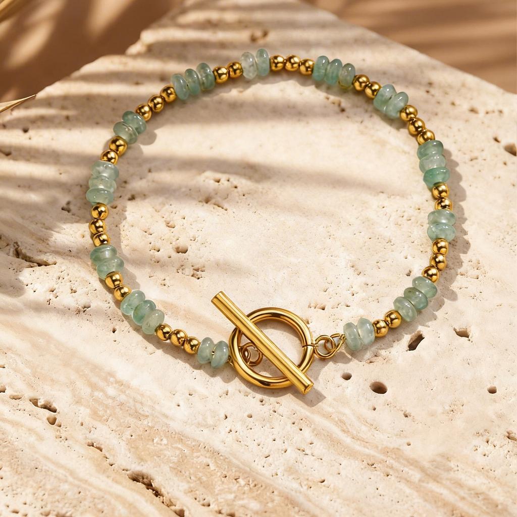 Vnox Natural Stone Small Spacer Beads OT Ring-clasps Chain Bracelet for Women, Amethysts Malachite Green Aventurine Bracelets