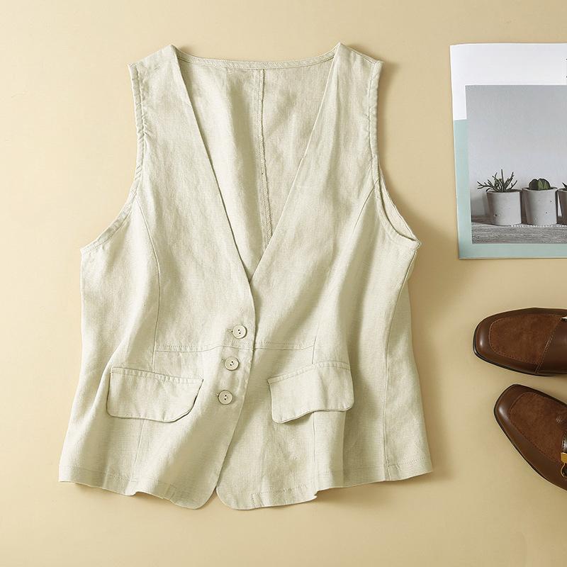Women's Retro Vest Summer V-neck Casual Sleeveless Vest Cotton and Linen Thin Vest Jacket