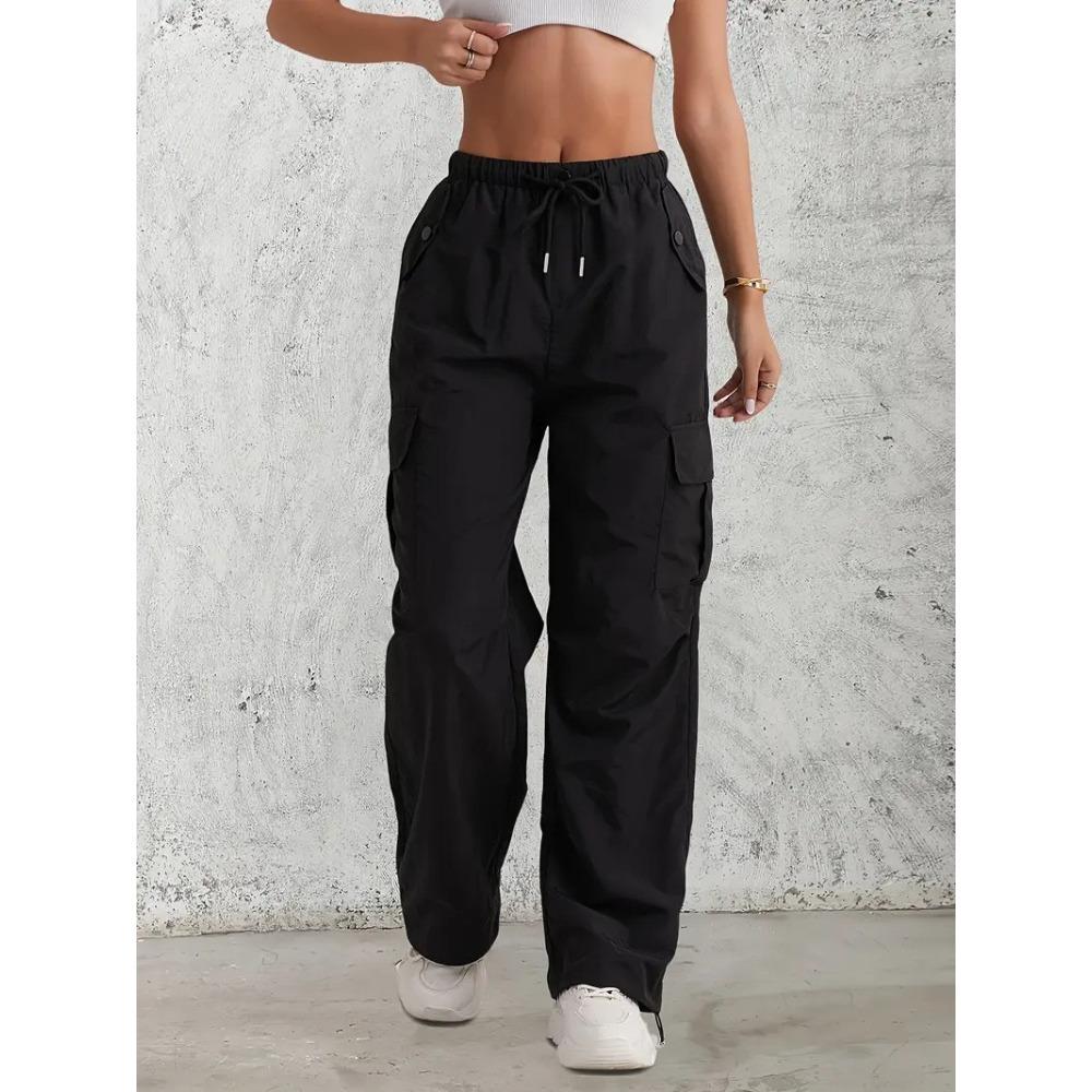 Pantaloni Cargo da Donna a Vita Alta con Coulisse, Vestibilità Larga, Gamba Larga, Multitasche, Pantaloni Casual, Bottoms Streetwear per l'Autunno