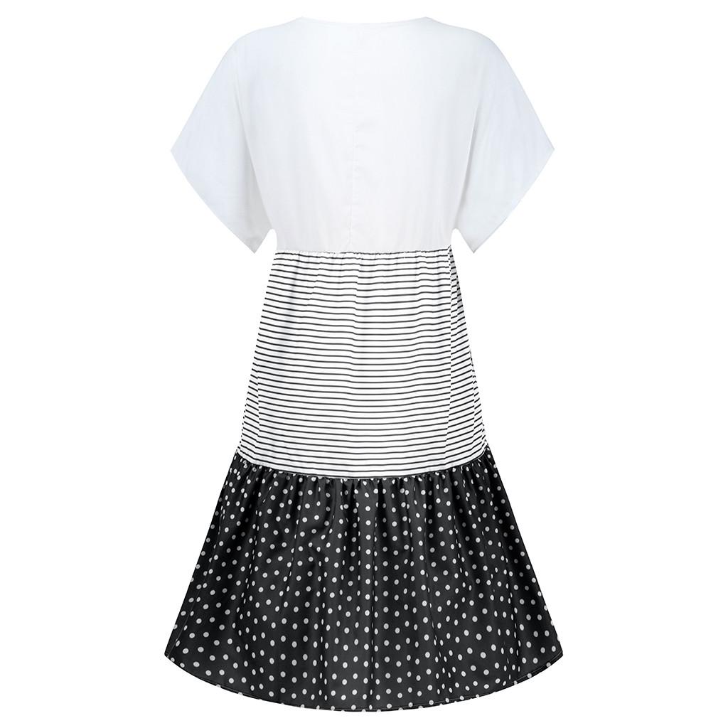 Fashion Women Casual Loose Stripe Dot Patchwork V-Neck Short Sleeves Dress