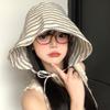 Women'S Wide-Brimmed Foldable Bucket Hat With Drawstring Korean Style Striped Panama Outdoor Hiking Hat Sun Protection Hat