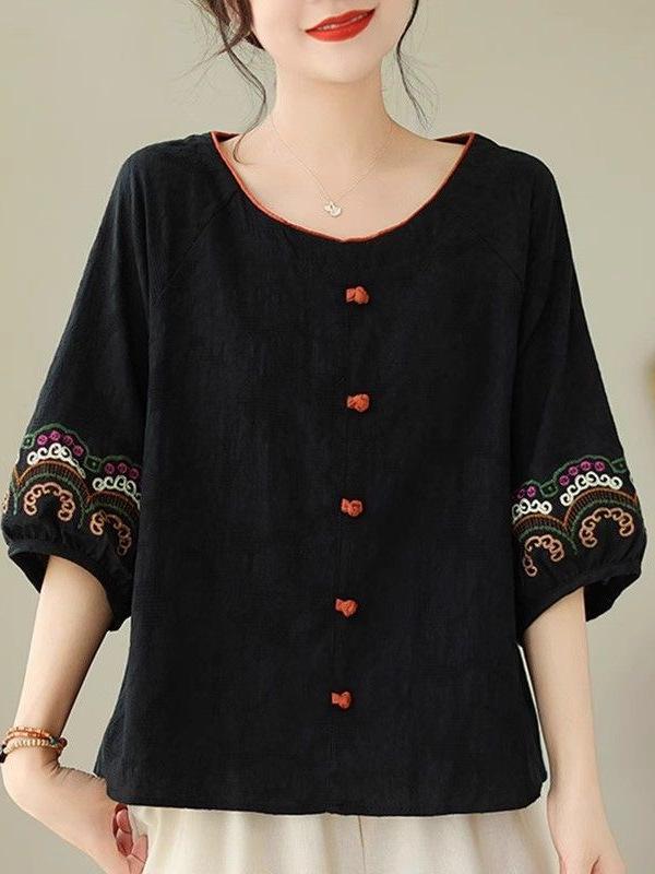 Retro Embroidered Short-Sleeve Cotton-Linen T-Shirt for Middle-Aged Women - Spring/Summer