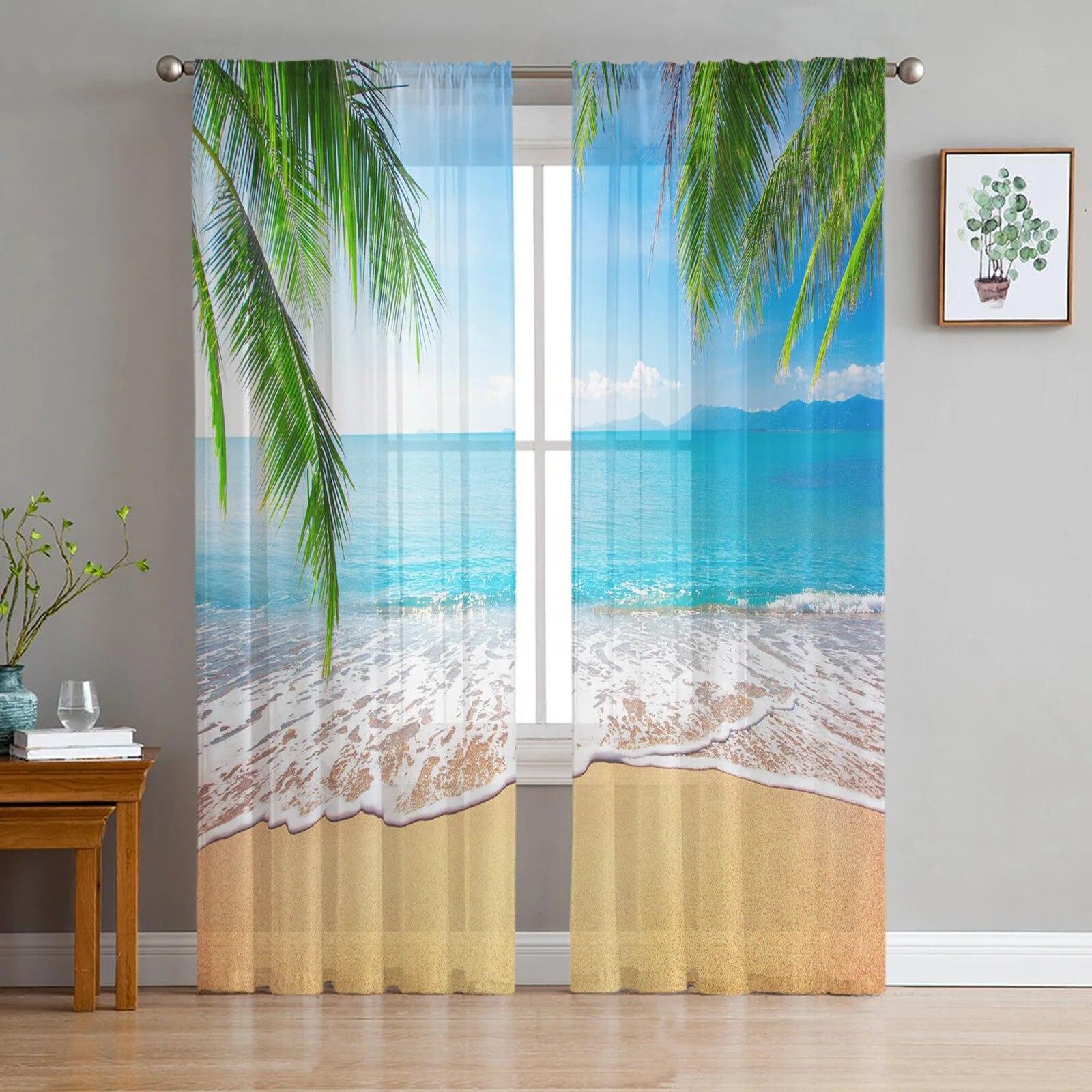 Meer Strand Schrittweise Blau Khaki Voile Gardinen Für Wohnzimmer Fenster Chiffon Tüll Vorhang Küche Schlafzimmer Vorhänge Wohnkultur 135W x 114H(cm)