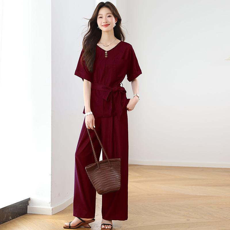 Simple Casual Relaxation Suit Women's Summer New Commuter Temperament Waist Shirt Wide Leg Pants Two-piece Set