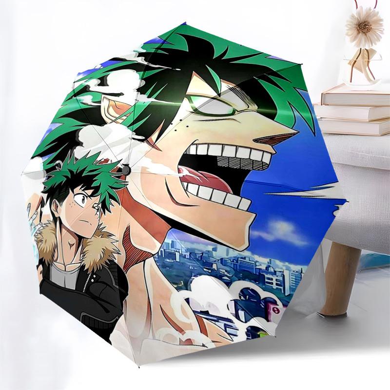 1pc My Hero Academia Boku No Hero Izuku Midoriya Katsuki Bakugo Outdoor Umbrella Automatic Opening and Closing Portable 3-Fold Design 8-Rib Iron Frame