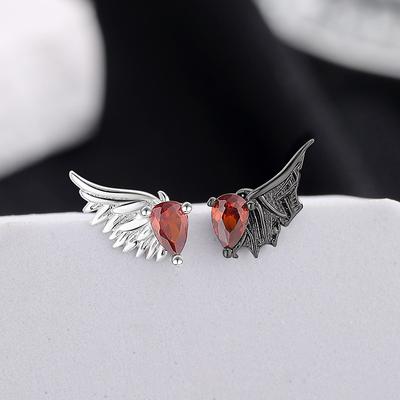 PANJBJ 925 Sterling Silber Roter Zirkon Stecker Ohrringe Für Frauen Neo-Gotik Punk Flügel Feder Engel Teufel Schmuck Geschenk Dropshipping