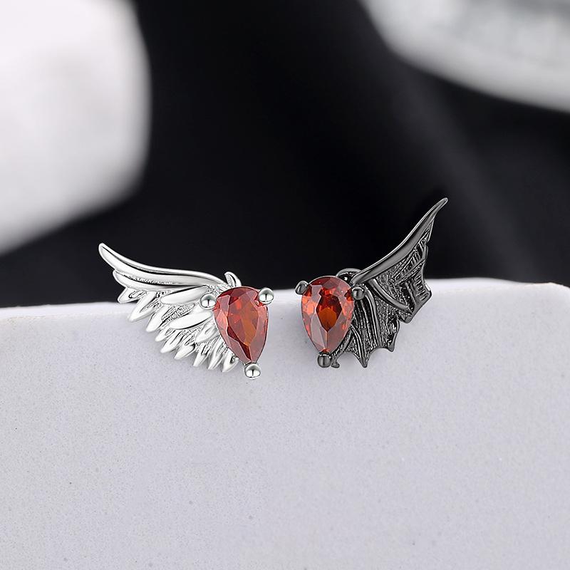 PANJBJ 925 Sterling Silver Red Zircon Studs Earring For Women Neo-Gothic Punk Wing Feather Angel Devil Jewelry Gift Dropshipping