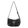 Y2K Gewaschene Denim Schultertasche mit Schnallenriemen und Nieten-Details Lässige Crossbody-Tasche