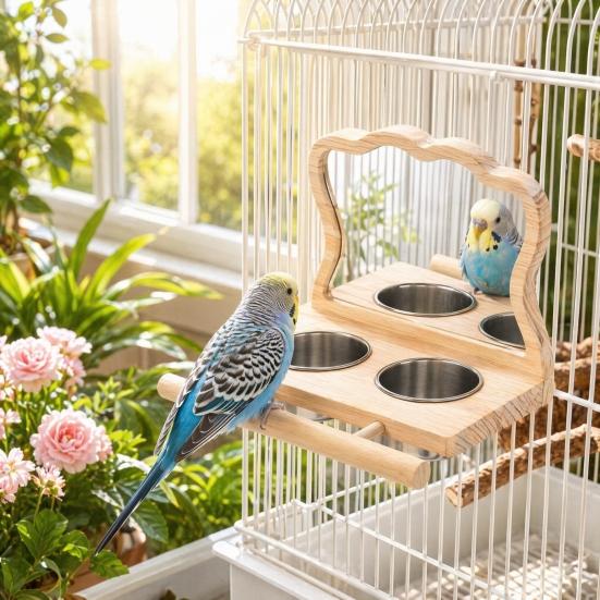 Detachable Cups Easy Installation Parrot Feeder Wood 1 Set