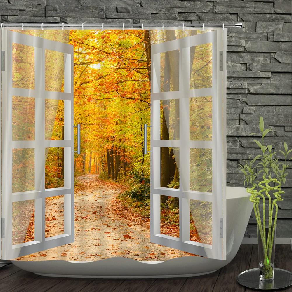 Green Forest Trees Scenery Bath Curtain Shower Curtains Bathroom Waterproof Polyester Fabric 3D Printed Bath Screen 12 Hooks Mat