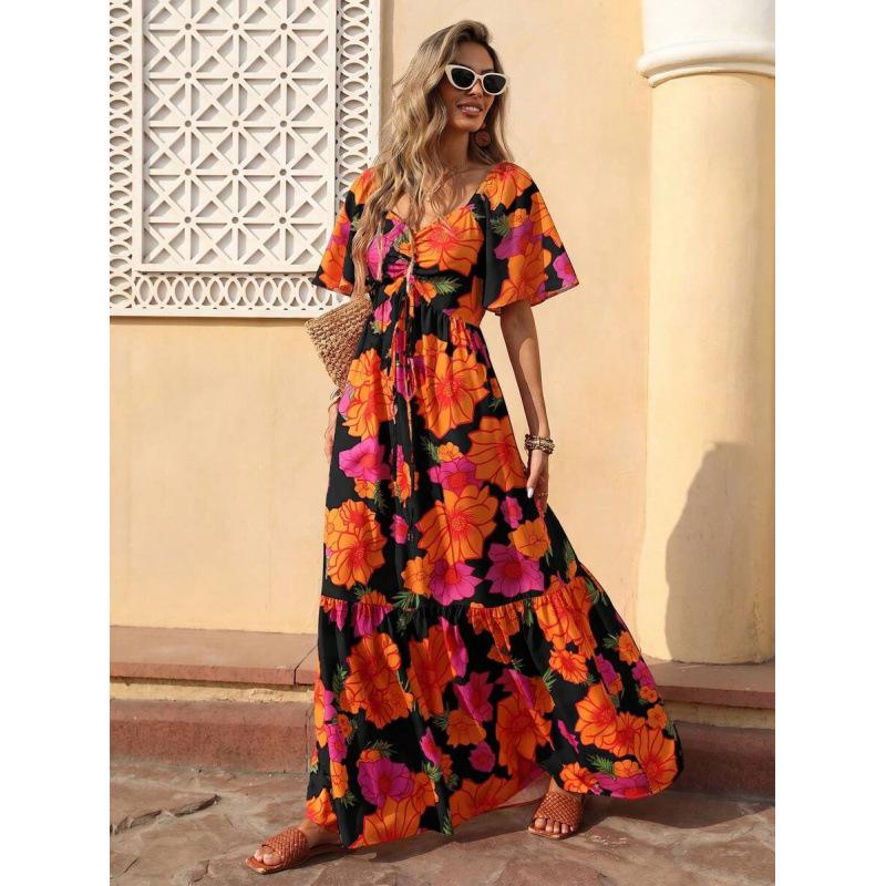 Europe, America 2026 summer new fashion flower print pleated casual beach party dress XS