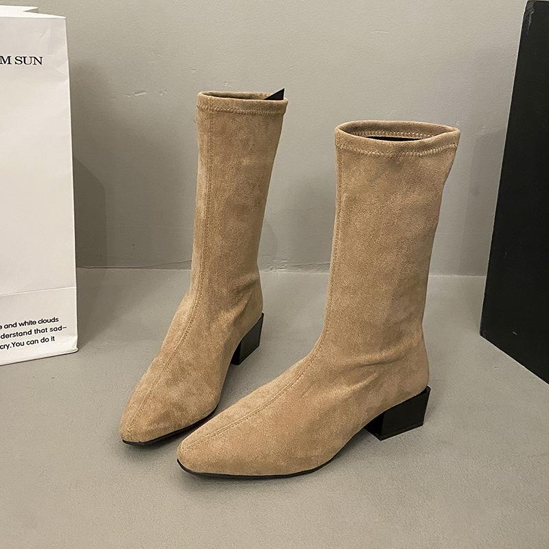 

Long boots women s pointed thick heel thin boots autumn 2025 new high tube wrinkled stacking boots thin elastic boots 40