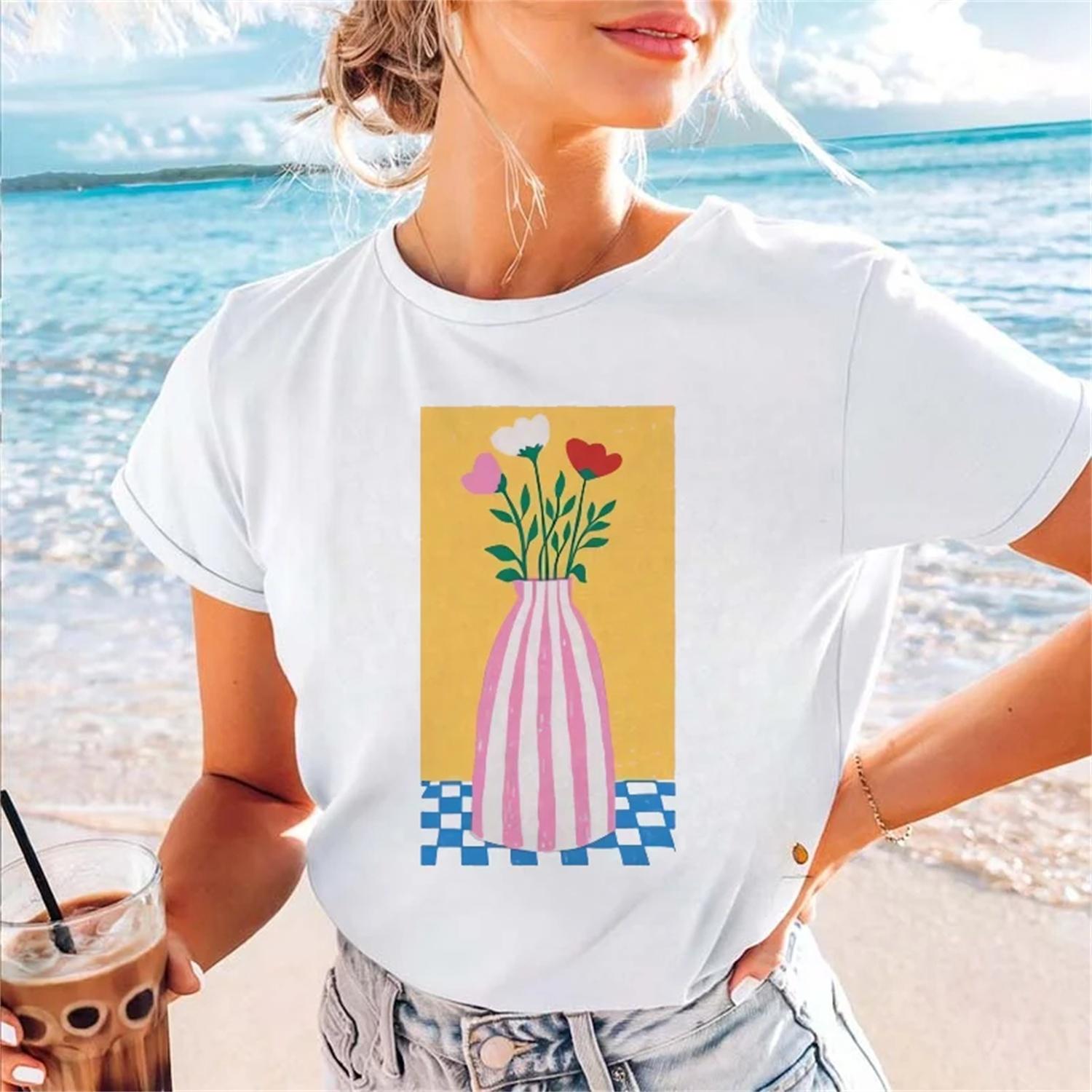 

Fashionable and Fun T-Shirt Casual Round Neck Women s Summer Short Sleeved Artistic Vase Pattern Women s Top Cartoon T-Shirt XXXXXL білий