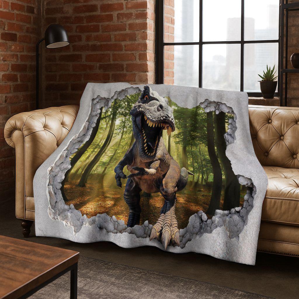 3D Illusion Breaking Wall Dinosaur Animal Series Flannel Blanket,Cozy Soft Throw Blanket for Home Bedroom Bed Sofa Cover Kids