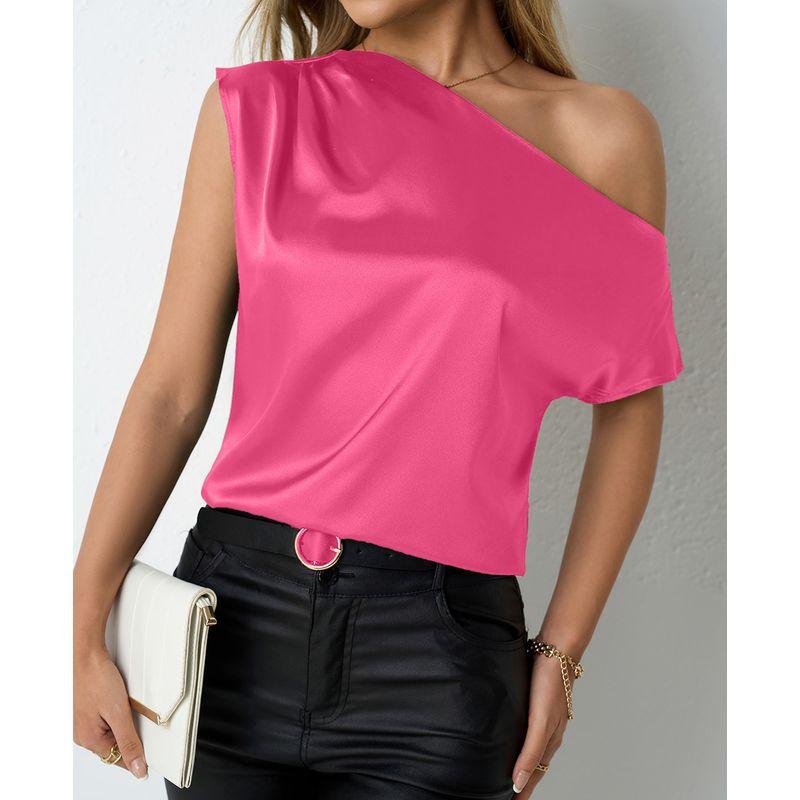 European and American-Style One-Shoulder Draped Satin Shirt