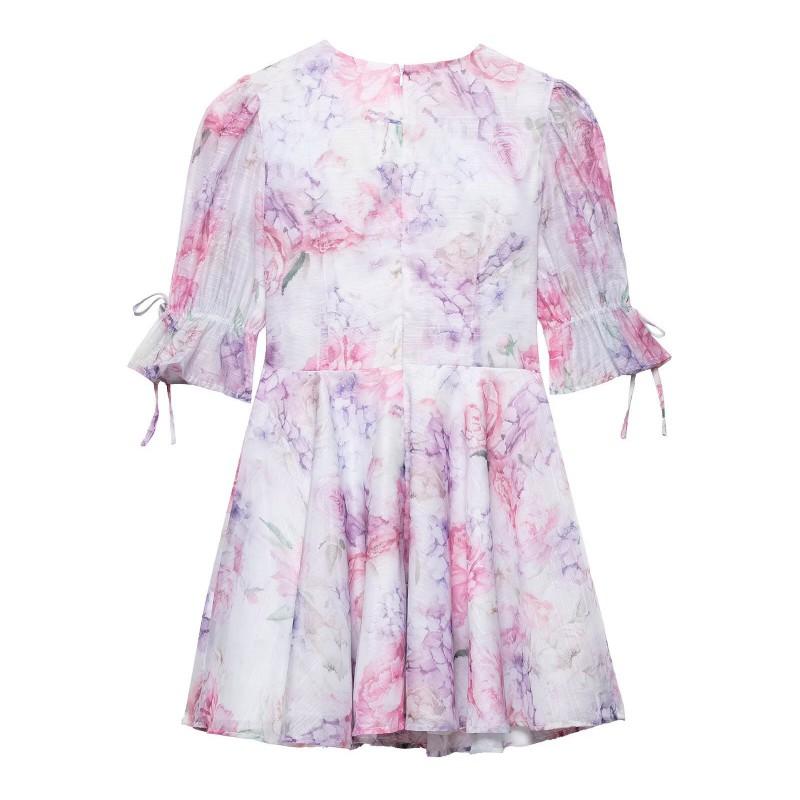 Womens Floral Chiffon A-Line Mini Dress With U-Neck High Waist Sleeveless Streetwear