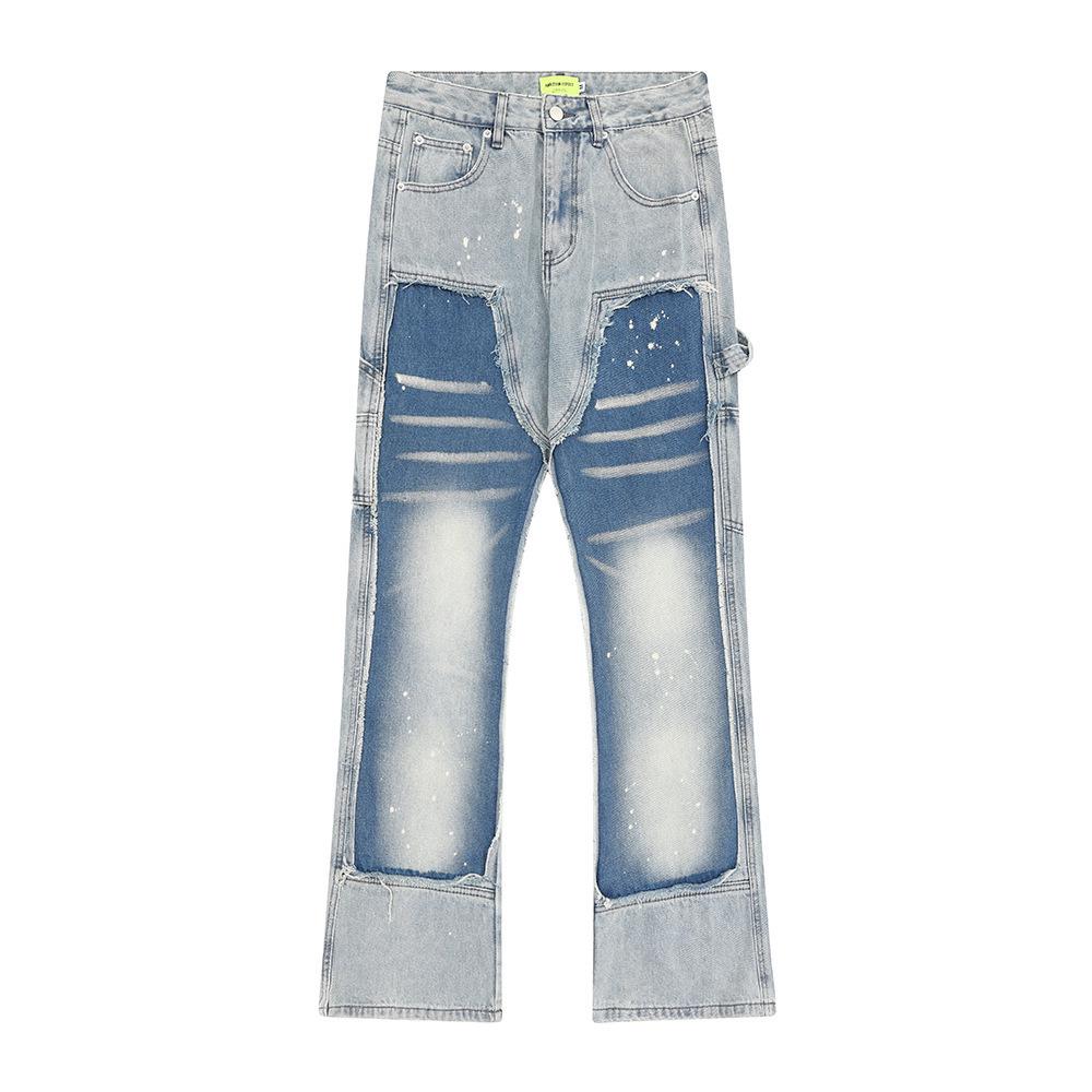 

Мужские модные брюки прямого кроя из стираного денима в стиле панк с контрастной строчкой, чернильными пятнами и деталями в виде кошачьих усов Small синий