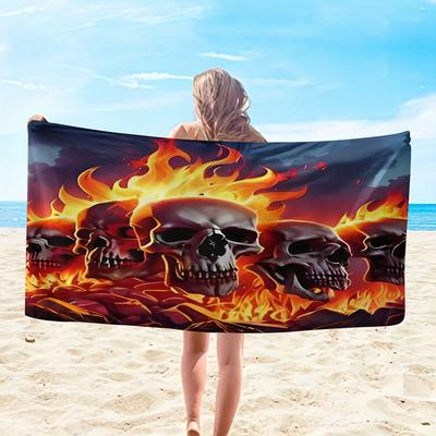 Vlammend Schedel Strandlaken Vuur Ontwerp Stoere Print Sneldrogend Zacht Microvezel Badlaken Voor Mannen Vrouwen Gotisch Halloween Cadeau