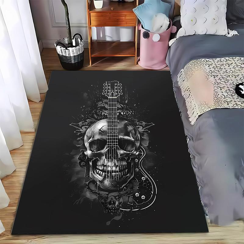 Guitar Design Black Carpet with Skull Patterns for Music Lovers Decor Suitable for Use As an Anti-slip for Living Room Bedroom Sofas