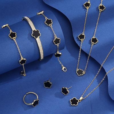 Lucky Five-petal Flower Five-leaf Clover Bracelet Earrings Necklace Three-piece Set for Woman Stylish Accessories Party Jewelry