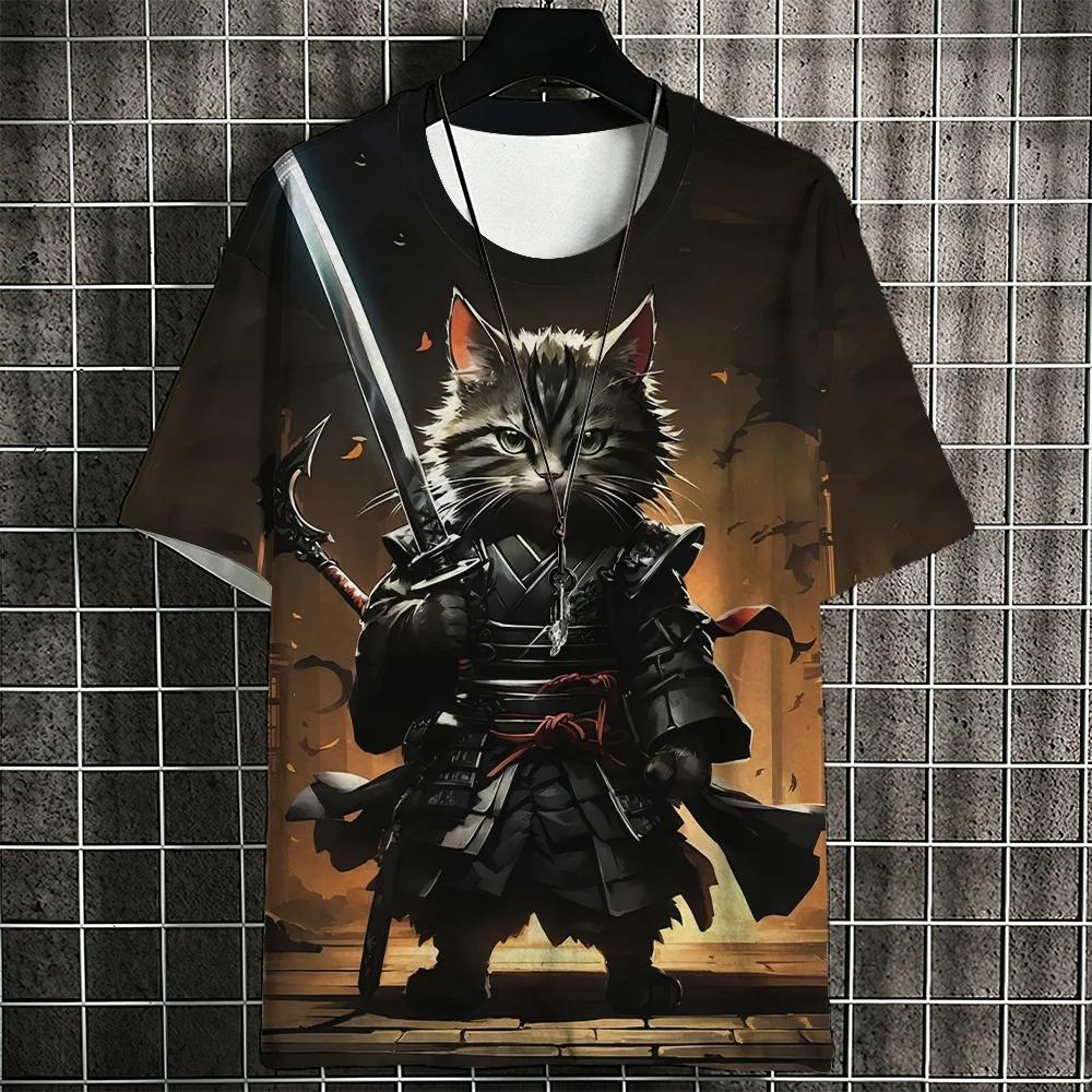Cartoon Cat Men's T-Shirt Japanese Style Ukiyo-e Cat Printing T-Shirts Casual Loose Short Sleeve Tee Oversized Men Clothing Tops