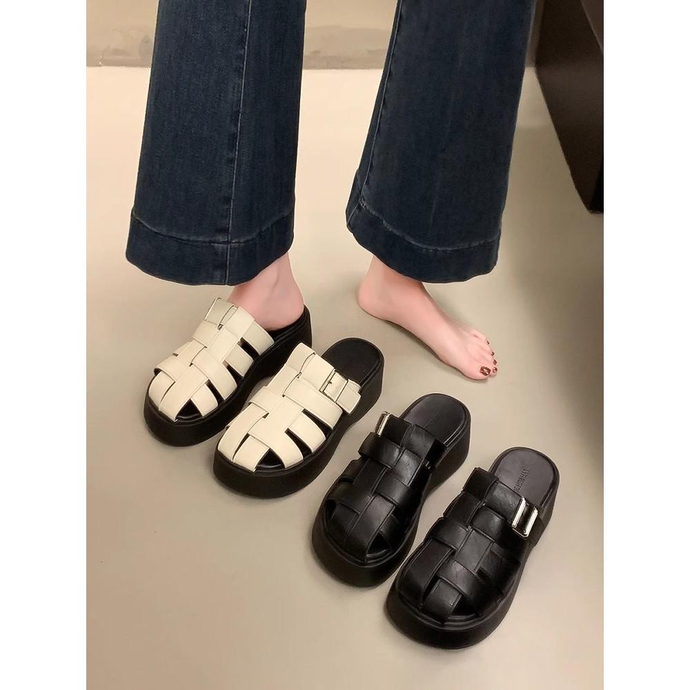 Baotou half slippers women's summer wear new retro woven hollow thick-soled cold slippers