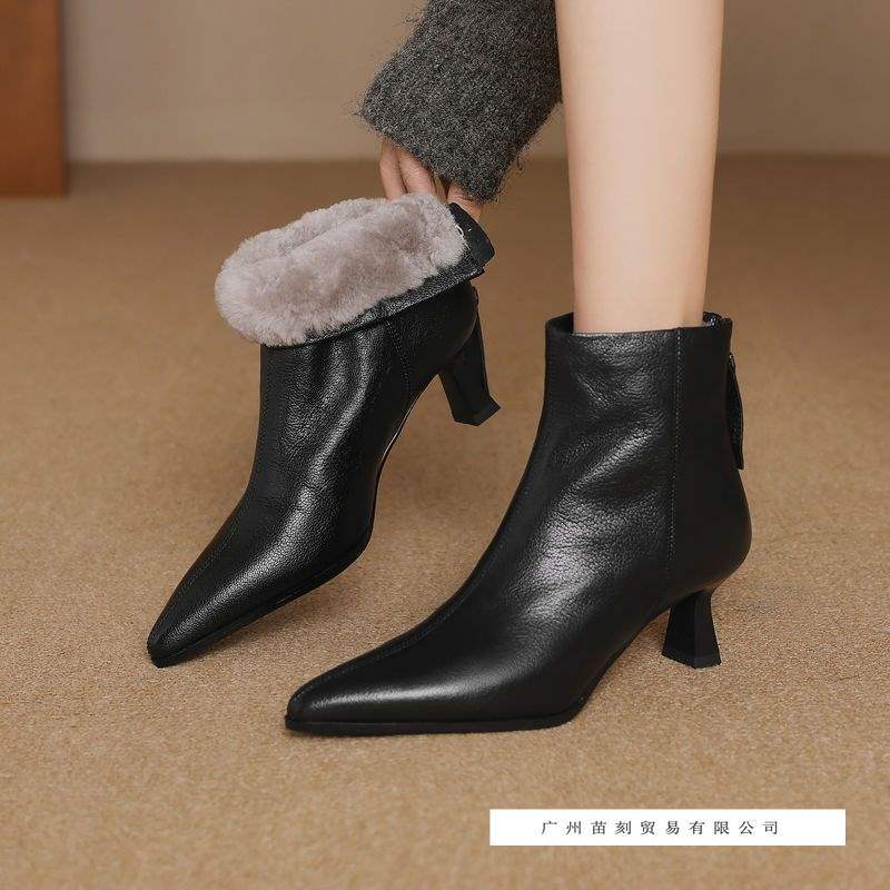 Winter High Heels Women's Leather Pointed Toe Stiletto Short Boots Temperament Brown Lamb Wool Snow Boots Women's Boots