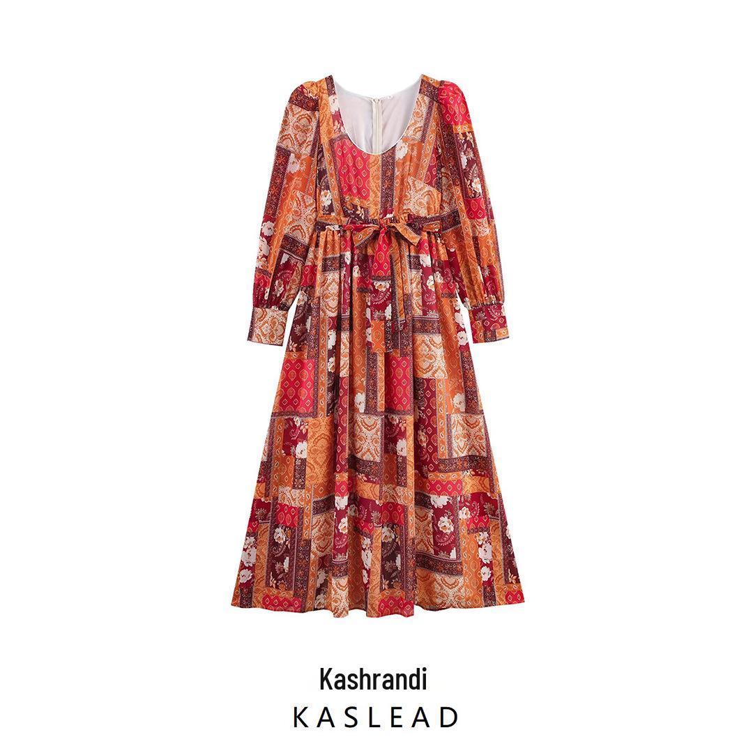 

2025 Spring Women s Casual Ethnic Tie-Waist Long Dress Small